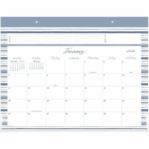 Cambridge Leah Bisch 2026 Monthly Desk Pad Calendar, Stripe, Standard, 21 3/4" x 17" - Standard - Regular - Monthly - 12 Month - January 2026 to December 2026 - 21 3/4" x 17" Sheet Size - 2.25" x 2.75" Block - Headband - Desk Pad - Wall Mount - Blue, Whit