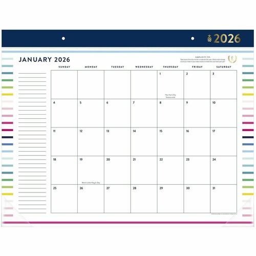 At-A-Glance Simplified Desk Pad Calendar - Standard - Regular - Monthly - 12 Month - January 2026 to December 2026 - 1 Month Single Page Layout - 21 3/4" x 17" Sheet Size - White Sheet - 2.31" x 2.87" Block - Headband - Desk Pad - Blue, Green, Yellow, Fuc