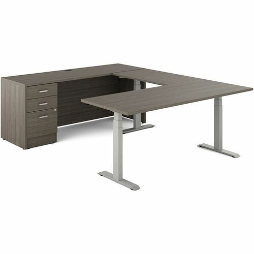 Offices To Go Newland | "U" Shaped Desk with 3-Stage Height Adjustable Table - Total Drawer(s): 3 - Finish: Absolute Acajou - Laminate Table Top - Leveling Glide, Programmable Memory Position, Anti-collision Function, Modesty Panel, Cable Management, Adju