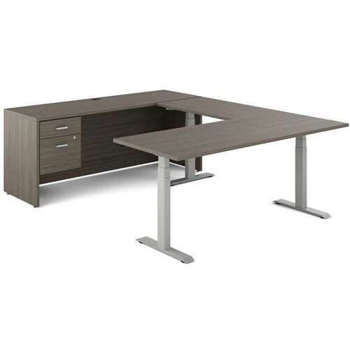 Offices To Go Newland | "U" Shaped Desk with 3-Stage Height Adjustable Table - Total Drawer(s): 2 - Finish: Absolute Acajou - Laminate Table Top - Leveling Glide, Programmable Memory Position, Anti-collision Function, Modesty Panel, Cable Management, Adju