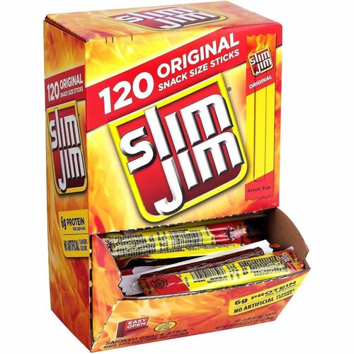 Jack Link's Slim Jim Beef Jerky Meat Sticks - Individually Wrapped - Original Beef Jerky, Smoky - 0.28 oz - 120/Bag - 1 / Carton