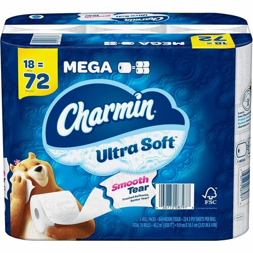 Charmin Ultra Soft Bath Tissue - 2 Ply - Mega - 224 Sheets/Roll - White - Paper - 1 / Carton
