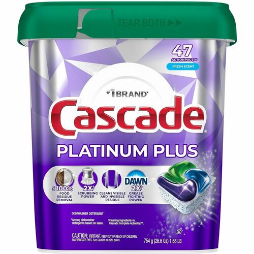 Cascade Platinum Plus ActionPacs - For Multipurpose - Fresh Scent - Recommended For: Residue Remover, Dried-on Food Remover, Grease Remover, Food Remover - Enzyme Activated - Purple - 47 / Pack