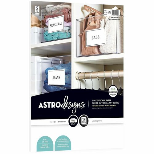 Wausau Paper Astrodesigns White Sticker Paper - Laser, Inkjet - White - Adhesive, Jam-free - For Label Printer - 15 / Pack