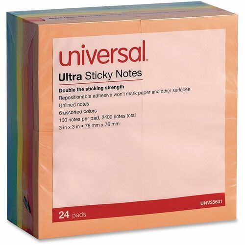 Universal Note Pad - 2400 x Assorted - Square - 100 Sheets per Pad - Ruled - Gray, Yellow, Blue Aura, Circular Gray, Tranquil Blue, Peach - Paper - Self-stick, Adhesive, Sticky - 24 /PadsPack - 1 Pack
