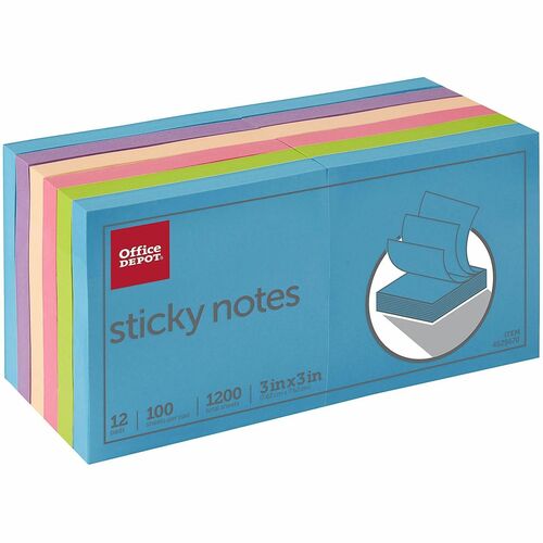 Office Depot Note Pad - 1200 - 100 Sheets per Pad - Neon Assorted - Sticky - 12 /PadsPack - 1 Pack