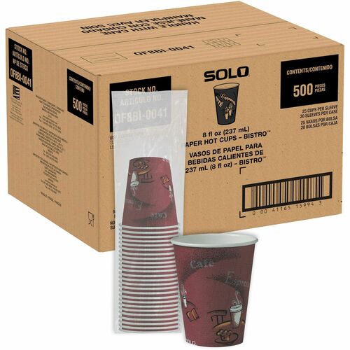 Solo 8 oz Bistro Design Hot Cups - 8 fl oz - Maroon - Poly Paper - Hot Drink, Coffee, Tea, Cocoa - 25/Pack - 20 / Carton