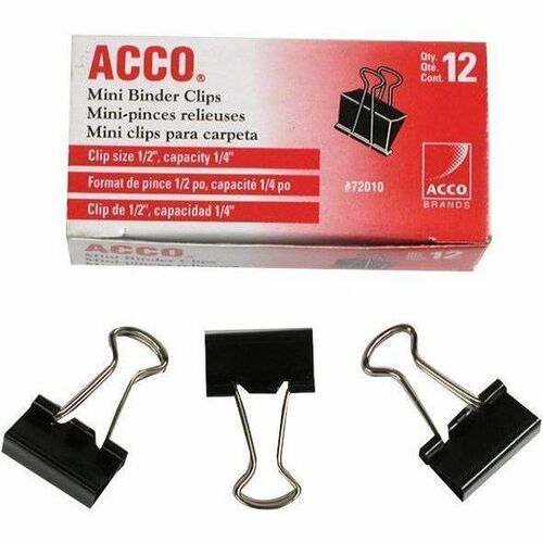 ACCO Black Fold-Back Binder Clips Black, Size 1/2" (mini), 1/4" Capacity - Mini - 0.3" (6.35 mm) Size Capacity - for Paper - Strong - Black, Silver - Metal, Tempered Steel, Plastic - 12 / Box