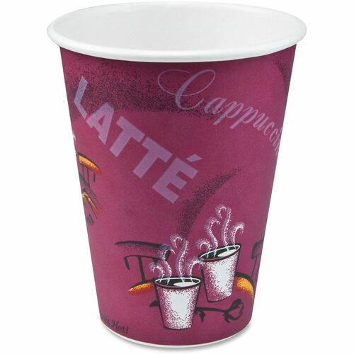 Solo 12 oz Bistro Design Disposable Paper Cups - Bistro - 12 fl oz - Maroon - Paper - Beverage, Hot Drink, Cold Drink, Coffee, Tea, Cocoa - 50 / Pack