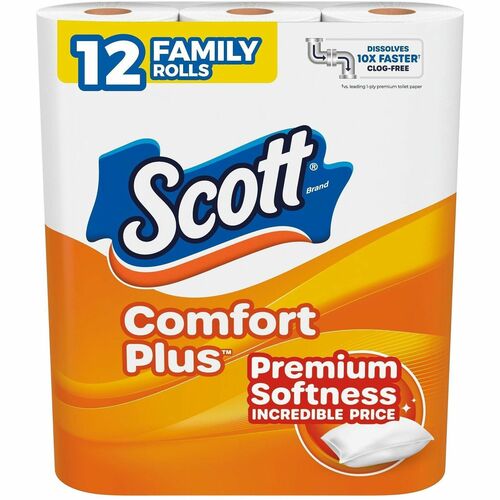 Scott ComfortPlus Toilet Paper - 1 Ply - 173 Sheets/Roll - White - Paper, Plush - 12 / Pack