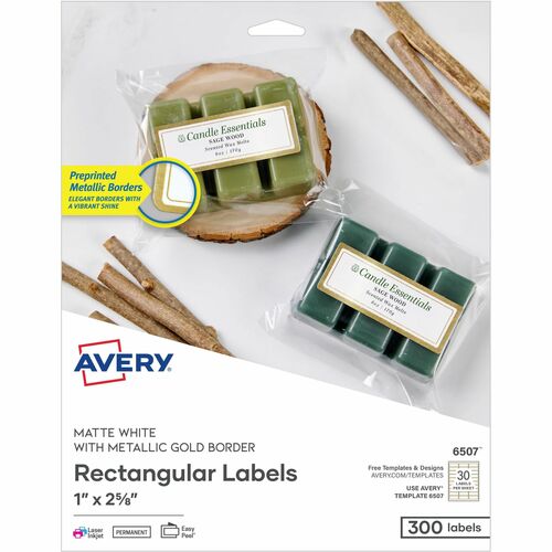 Avery Matte White Labels With Gold Borders - x 1" Width x 2 5/8" Length - Permanent Adhesive - Inkjet, Laser - Matte White - Metallic Gold Border - Reflective, Smudge-free - For Label Printer - 300 / Pack