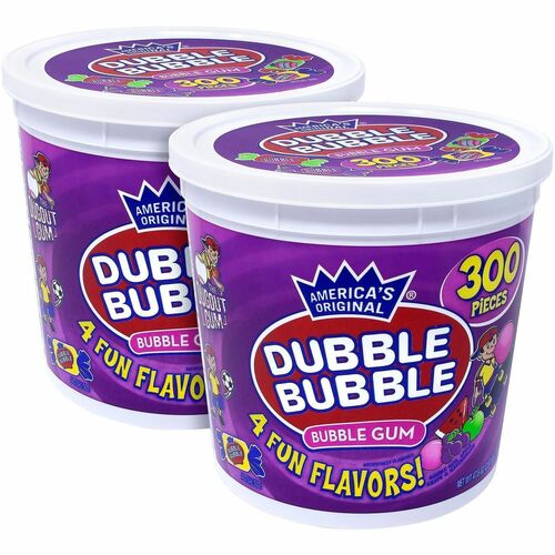 Green Rabbit Dubble-Bubble Assorted Bubble Gum - Bubble Gum, Watermelon, Grape, Sour Apple - Individually Wrapped - 0.16 oz - 300 /Tub - 2 / Carton