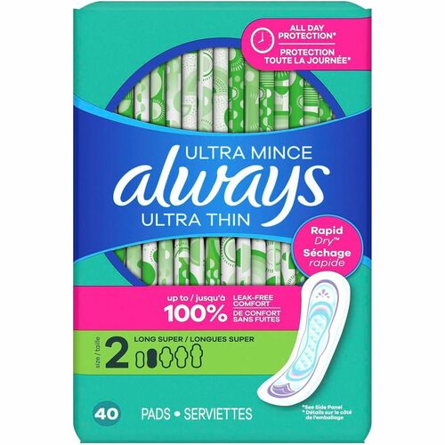 Always Ultra Thin Size 2 Long Super Pads With Wings, Unscented - Size 2 - With Wings - Super - Unscented, Absorbent, Anti-leak, Odor-absorbing, Comfortable - 40 / Pack