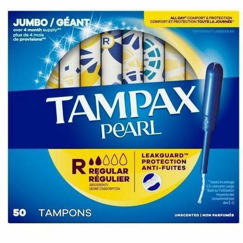 Tampax Pearl Regular Tampons - Regular - Plastic Applicator - Anti-leak, Comfortable, Anti-slip, Odor-free, Unscented, Absorbent - 50 / Box