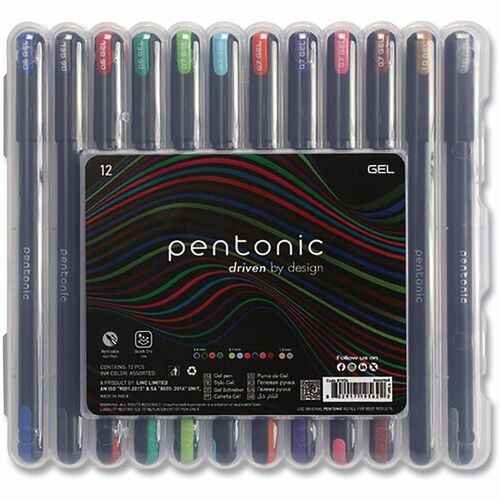 Pentonic Gel Pens - Assorted Ink - Gel-based - Black Barrel - Calendar, Planner, Writing, Journaling, Drawing - 12 / Pack