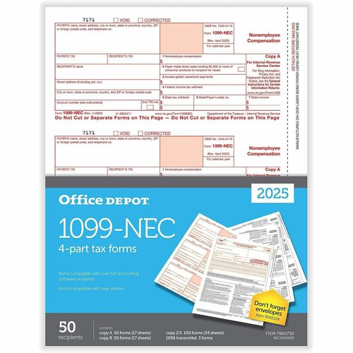Office Depot Tax Form - 4 Part - Letter - 8.50" x 11" Sheet Size - 50 Each