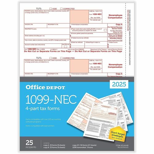 Office Depot Tax Form - 4 Part - Letter - 8.50" x 11" Sheet Size - 25 Each