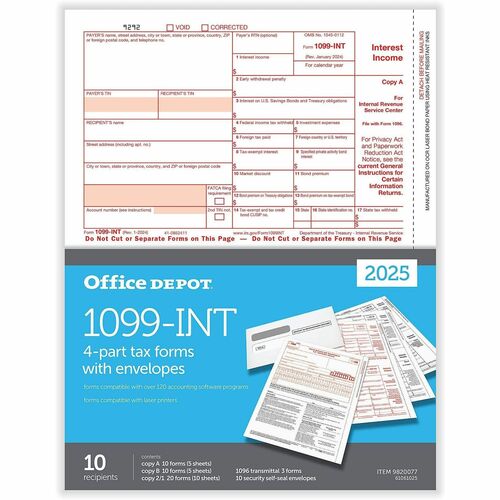Office Depot Tax Form - 4 Part - Letter - 8.50" x 11" Sheet Size - 10 Each