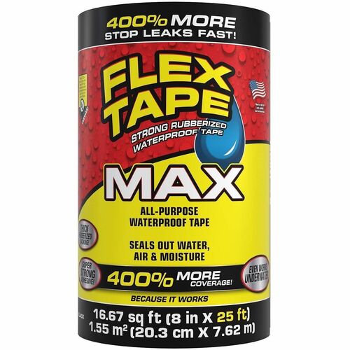 FLEX SEAL Flex Tape - 25 ft Length x 8" Width - Black - Water Resistant, Moisture Resistant, UV Resistant, Temperature Resistant, Weather Resistant, Water Proof - For Multipurpose, Multi Surface - 1 Carton