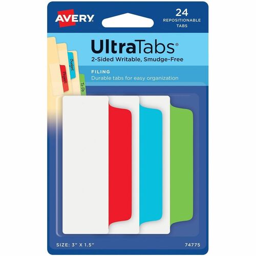 Avery® UltraTabs Filing Tabs - Write-on Assorted Tab(s) - 1/3 - 24 Tab(s)/Set - 15" Tab Height x 3" Tab Width - Removable - Multicolor Tab(s) - Writable, Double-sided, Durable, Smudge-free, Repositionable - 24 / Set