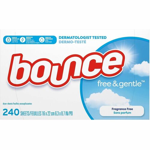Bounce Free & Gentle Dryer Sheets - For Clothes, Laundry, Fabric - Sheet - Recommended For: Lint Remover, Static Cling Remover - Hypoallergenic, Skin-friendly, Fragrance-free, Anti-static, Dye-free, Scent-free - White - 4 / Carton