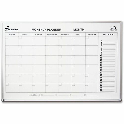 SKILCRAFT® Alum. Frame 1-mth Calendar Board - Monthly - 1 Month - 36" x 24" Sheet Size - White - Aluminum - Erasable, Event Calendar, Smooth, Easy to Clean, Rounded Corner, Marker Tray - 1 Each
