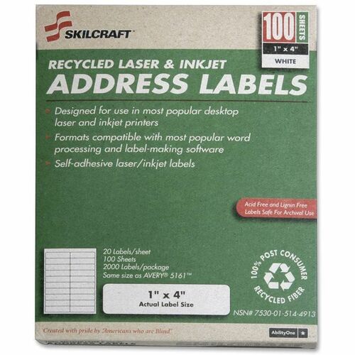SKILCRAFT® Address Labels - x 1" Width x 4" Length - Inkjet, Laser - White - Pressure Sensitive, Environmentally Friendly, Chlorine-free, Adhesive, Lignin-free, Non-yellowing - 20 / Sheet - For Label Printer - 100 / Box