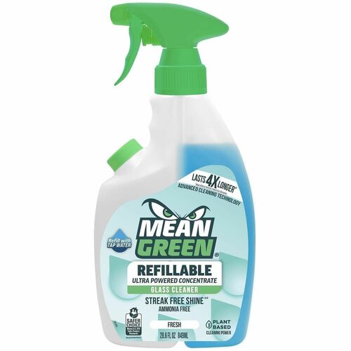 Mean Green Refillable Glass Cleaner Concentrate - For Faucet, Mirror, Glass - Concentrate - Spray - 28.6 fl oz (0.9 quart) - 11.5 pH - Fresh Scent - Recommended For: Fingerprint Remover, Smudge Remover, Streak Remover, Smear Remover, Stain Remover - Bleac