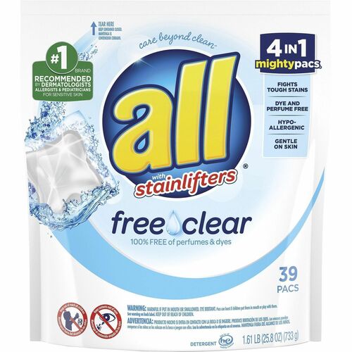 all Free Clear Mightypacs Laundry Pods - For Clothes, Laundry, Washing Machine, Septic Tank - Pod - Recommended For: Stain Remover, Pet Dander Remover, Dust Mite Remover, Pollen Remover - Dye-free, Skin-friendly, Hypoallergenic, Fragrance-free, Unscented,