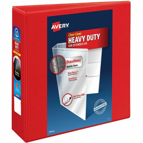 Avery® One Touch Ring Heavy-Duty View Binder - 3" Binder Capacity - 670 Sheet Capacity - 3 1/2" Spine Width - 3 x 3" Ring(s) - Fastener(s): D-Ring - Pocket(s): 4, Internal - Linen pattern - Polypropylene, Plastic - Red - Recycled - Heavy Duty, One Tou