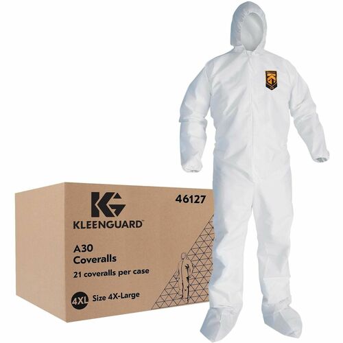 Ansell Health KleenGuard A30 Protection Coveralls - Recommended for: Pharmaceutical, Maintenance - 4XL - Splash, Dry Particle, Light Splash, Particulate, Liquid Protection - Zipper Closure - SMS - White - Zipper Front, Breathable, Comfortable, Attached Bo