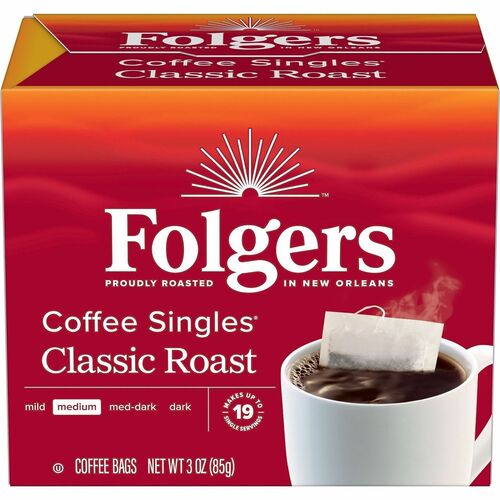 Folgers® Bag, Instant, Packet Singles Medium-Roast Coffee Bags - Medium - Bag, Instant, Packet - Classic Roast - Kosher - 19 / Box