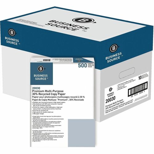 Business Source Recycled Copy Paper - 92 Brightness - Letter - 8 1/2" x 11" - 20 lb Basis Weight - 75 g/m² Grammage - Acid-free, Smudge-free - White - 5000 Sheets - 500 Sheets per Ream - 10 Ream per Case - 10 / Carton