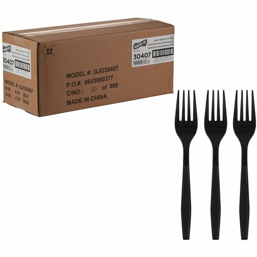Genuine Joe Heavy-Weight Polypropylene Cutlery - Fork - Fork - Food, Cafeteria - Disposable - Polypropylene - Black - 1 Carton