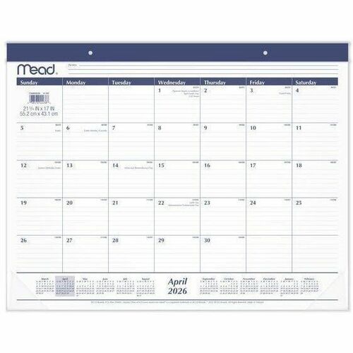 Mead Basic Academic 2026-2027 Monthly Desk Pad Calendar, Standard, 21 3/4" x 17" - Standard - Academic - Monthly - 15 Month - April 2026 to June 2027 - 1 Month Single Page Layout - 21 3/4" x 17" Sheet Size - 1.38" x 1.94" Block - Headband - Desk Pad - Wal