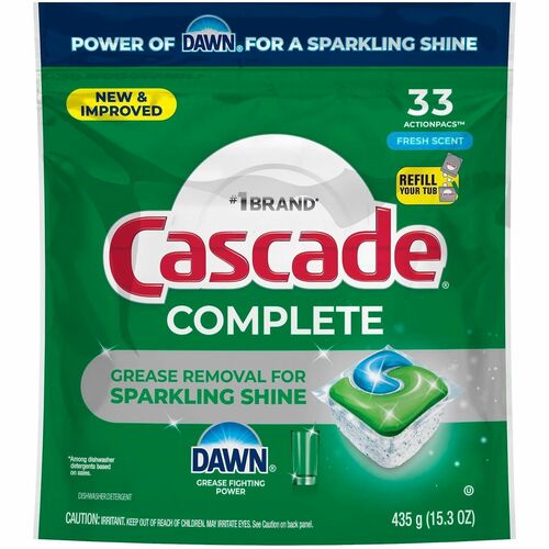 Cascade Complete ActionPacs - For Dish, Dishwasher - Pod - Fresh Scent - Recommended For: Residue Remover, Grease Remover, Food Remover, Grime Remover, Baked-on Food Remover, Spot Remover - Phosphate-free, Kosher - Green - 4 / Carton