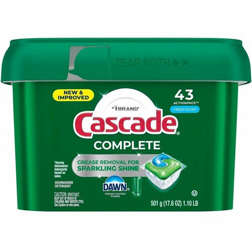 Cascade Complete ActionPacs - For Dish, Dishwasher - Pod - Fresh Scent - Recommended For: Residue Remover, Grease Remover, Food Remover, Grime Remover, Baked-on Food Remover, Spot Remover - Phosphate-free, Kosher - Green - 43 / Carton