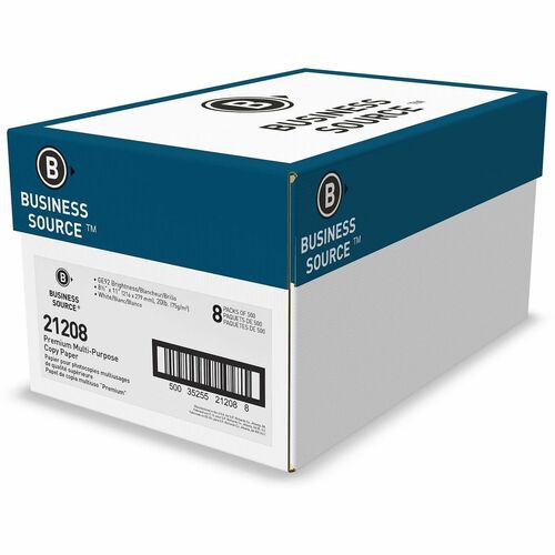 Business Source Premium Multi-purpose Copy Paper - 92 Brightness - Letter - 8 1/2" x 11" - 20 lb Basis Weight - Jam-free, Double-sided, Acid-free, Archival-safe - White - 4000 Sheets - 500 Sheets per Ream - 8 / Carton