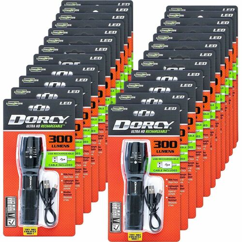 Dorcy 300 Lumen Ultra HD USB Flashlight - LED - 300 lm Lumen - 1 - Lithium Ion (Li-Ion) - Battery Rechargeable - Battery, USB - Aluminum - Water Resistant, Impact Resistant, Weather Resistant - Black - 24 / Box