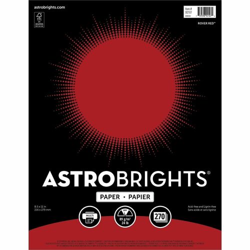 Wausau Paper Astrobrights 24 lb Colored Paper - Letter - 8 1/2" x 11" - 24 lb Basis Weight - Acid-free, Lignin-free, Archival-safe, Non-yellowing - Rover Red - 270 Sheets - 270 / Pack