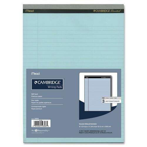 Cambridge Cambridge Perforated Colored Notepad - 50 Sheets - 20 lb (9071.85 g) Basis Weight - 8 1/2" (21.59 cm) x 11 3/4" (29.85 cm) Sheet Size - Blue Paper - Micro Perforated, Easy Tear, Stiff-back - 3 / Pack