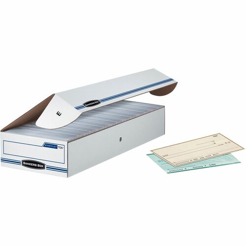 Bankers Box STOR/FILE Check Storage Boxes - Internal Dimensions: 9" Width x 24" Depth x 4" Height - External Dimensions: 9.3" Width x 25" Depth x 4.1" Height - 650 lb - Flip Top Closure - Light Duty - Stackable - White, Blue - For File, Check, Deposit Sli