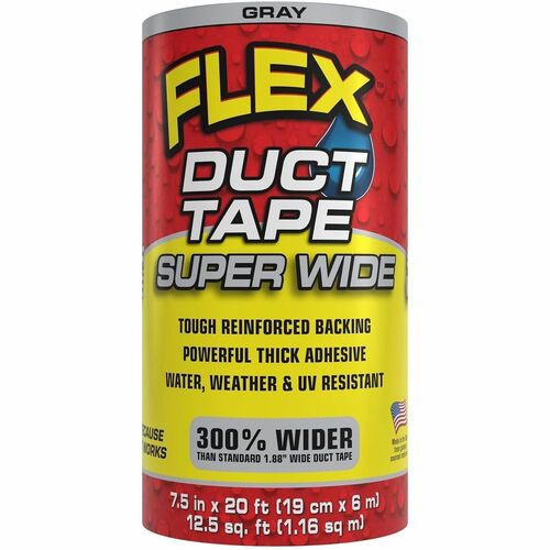 FLEX SEAL Super Wide Duct Tape - 20 ft Length x 7.50" Width - Gray - Rubber Adhesive - Water Resistant, Weather Resistant, UV Resistant - For Reinforcing, Box, Household, Repair, DIY, Sealing, Drafting, Window, Door, Furniture, Fabric, ... - 1 Carton