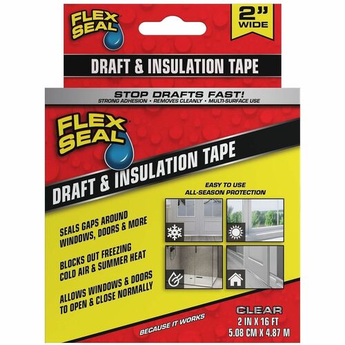 FLEX SEAL Draft Tape - 16 ft Length x 2" Width - Clear - Weather Proof, Moisture Proof, Cold Resistant, Crack Resistant, Dust Resistant, Moisture Resistant - For Drafting, Insulating, Window, Door, Sealing, Indoor, Outdoor, Multi Surface, Nonporous Surfac
