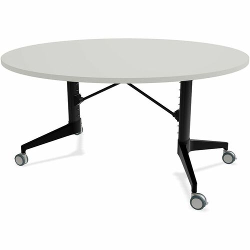 Scissor Tables Folding Table - Frosty White Round Top - Matte Black Column Leg, Powder Coated Base - 60" Table Top Diameter - 29" Height - Conference, Dining, Multipurpose - Assembly Required - High Pressure Laminate (HPL) Top Material - Cast Aluminum Bas