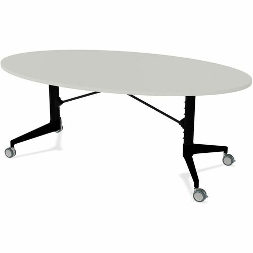 Scissor Tables Folding Table - Frosty White Round Top - Matte Black Column Leg, Powder Coated Base - 48" Table Top Width x 79" Table Top Depth - 29" Height - Conference, Dining, Multipurpose - Assembly Required - High Pressure Laminate (HPL) Top Material 
