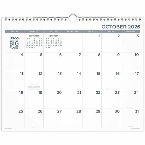 Mead BIG PLANS Monthly Wall Calendar - Monthly - 15 Month - October 2026 to December 2027 - 12" x 15" Sheet Size - 2.18" x 2.81" Block - Twin Wire - Wall Mount - White Cover