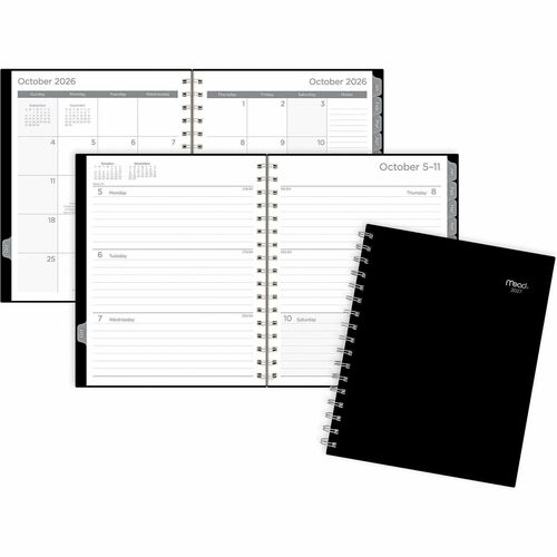 Mead Basic Weekly/Monthly Planner - Weekly, Monthly - 15 Month - October to December - 1 Week, 1 Month Double Page Layout - Letter - 8 1/2" x 11" Sheet Size - Twin Wire - Black Poly Cover