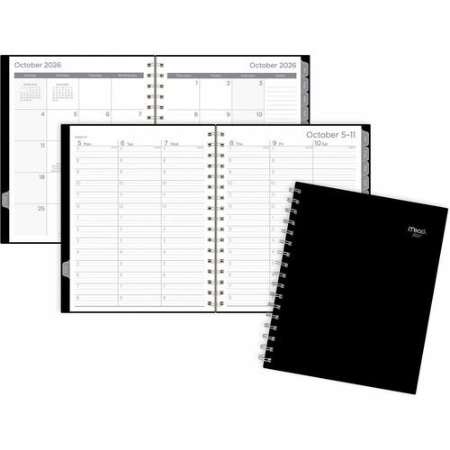 Mead Basic Weekly/Monthly Planner - Weekly, Monthly - 15 Month - October to December - 7:00 AM to 8:00 PM - 1 Week, 1 Month Double Page Layout - 7" x 9" Sheet Size - Twin Wire - Black Poly Cover