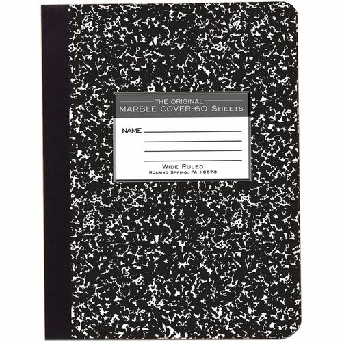 Roaring Spring Wide-ruled Composition Book - 60 Sheets - 120 Pages - Sewn/Tapebound - Both Side Ruling Surface - Wide Ruled Front Ruling - Red Margin - 15 lb Basis Weight - 7.5" Width x 9.8" Depth - White Paper - Black Marble Board Cover - Hard Cover, Smo